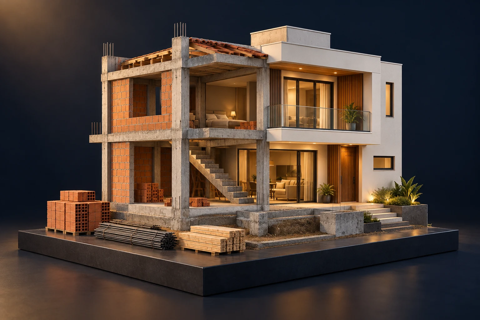 Casa em construção com estrutura de concreto, tijolos, madeira e fachada finalizada