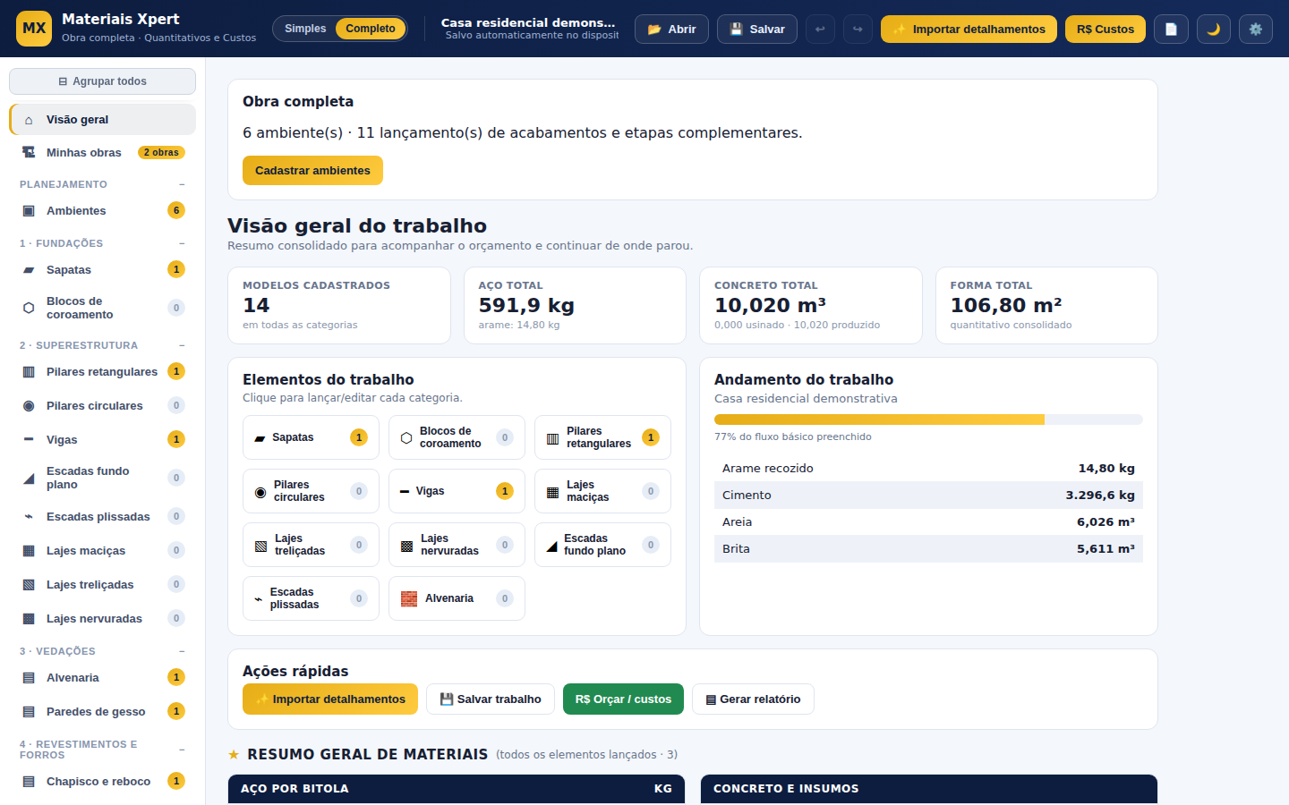 Tela inicial do Materiais Xpert com aço, concreto e fôrma de uma obra demonstrativa